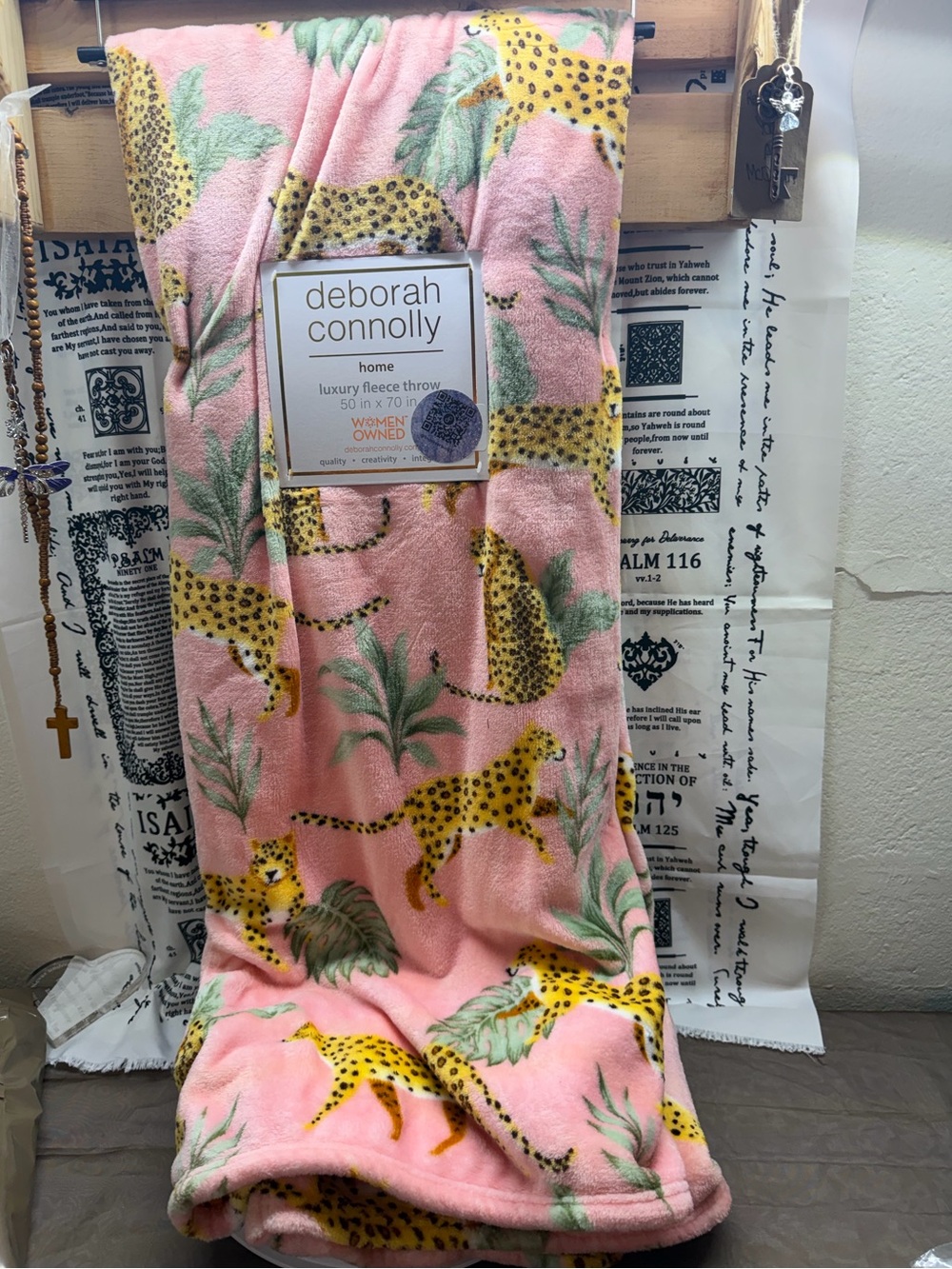 New deborah connolly Pink Fleece Throw with Yellow Leopard Print